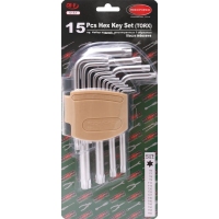 Набор ключей TORX Г-образных, 15пр.(Т6, T7, T8, T9, Т10, Т15, Т20, Т25, Т27, Т30, Т40, Т45, Т50, Т55, Т60)в пластиковом держателе